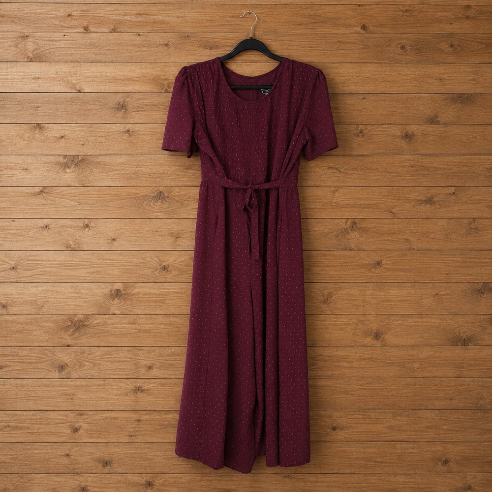 Vintage Inspired Burgundy Micro Dot Wide Leg Jumpsuit Short Sleeve Tie Waist